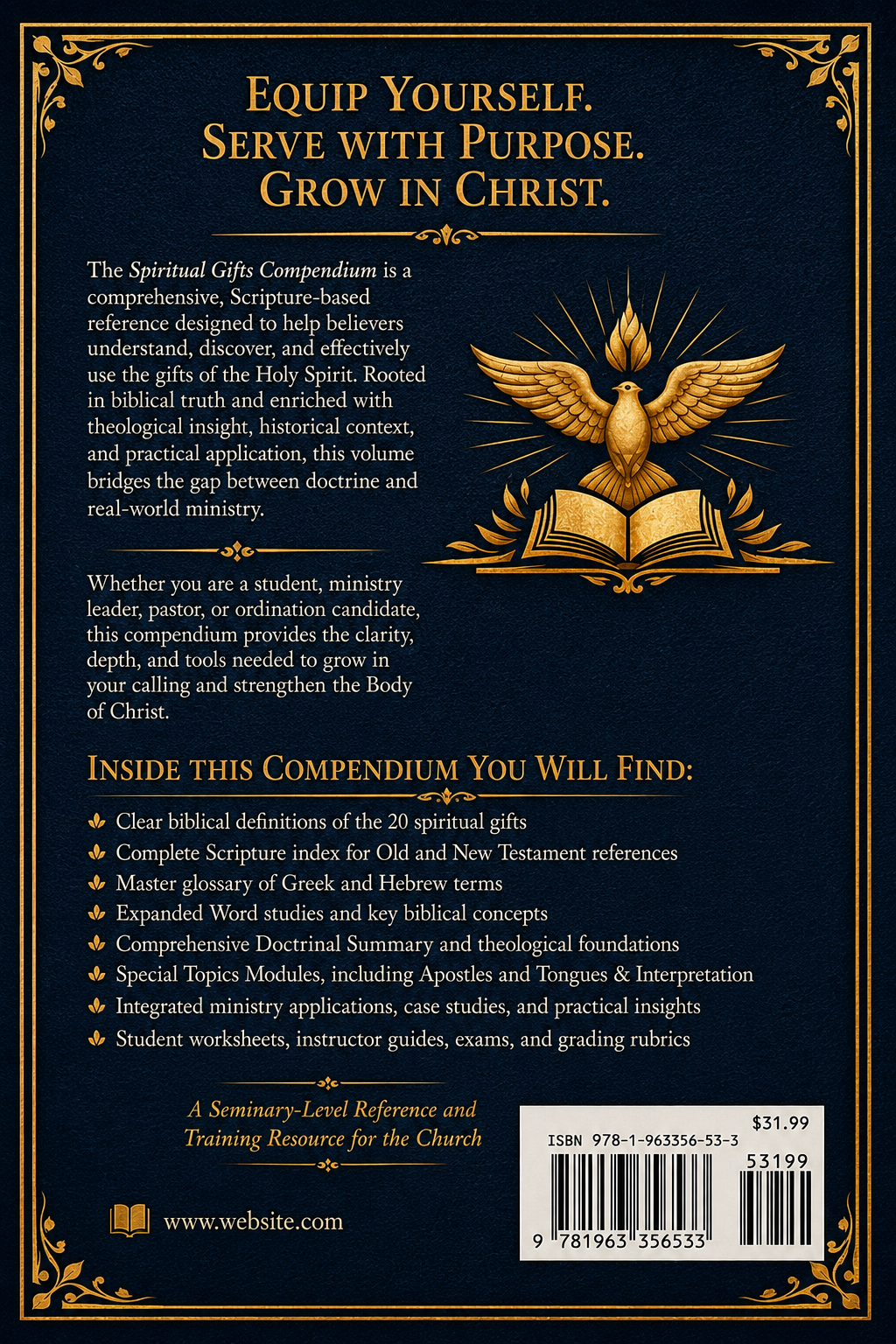 Back cover of The Spiritual Gifts Compendium showing the book description and ministry overview