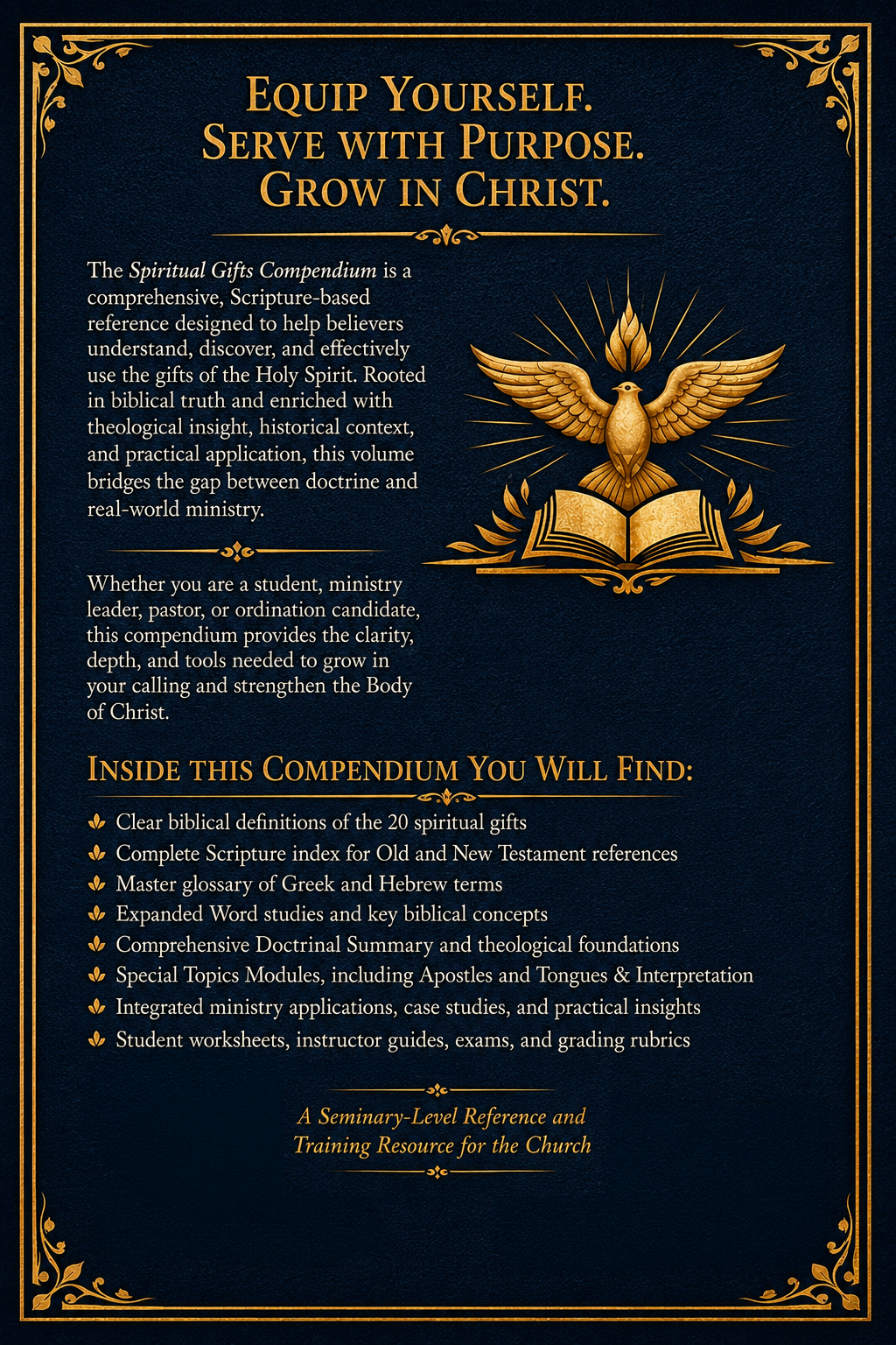 Back cover of The Spiritual Gifts Compendium showing the book description and ministry overview