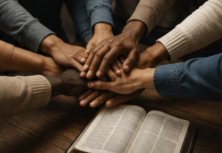 Diverse hands joined over an open Bible, representing unity, service, and authentic community.