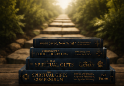 Four discipleship books stacked beside a sunlit pathway, representing spiritual growth from new believer to mature disciple.
